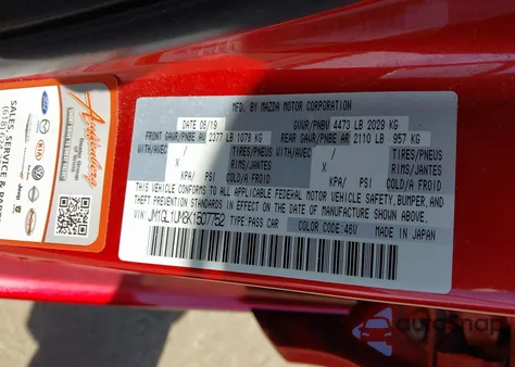 2019 Mazda Mazda6 Sport из США, поврежденный, VIN JM1GL1UM8K1507752